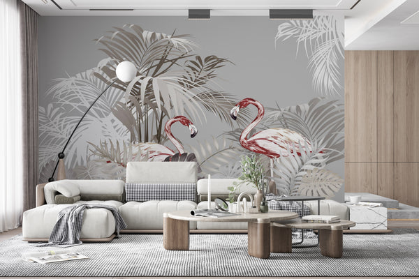 Tropical Flamingo Birds Wallpaper Mural, Non Woven Soft Colors Wallpaper Mural, Exotic Grey Leaves Wallpaper Mural