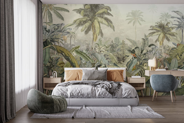 Tropical Landscape Wallpaper, Rainforest Wallpaper, Vintage Forest Wall Mural, Dark green Vintage Tropical Jungle Wallpaper