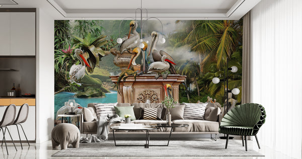 Wallpaper Mural, Pelican Birds and Fountain Wallpaper, Tropical View Wall Mural