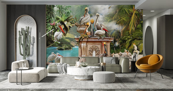  Pelican Birds and Fountain Wallpaper