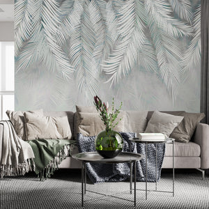 Soft Grey-Green Tropical Palm Leaves Mural