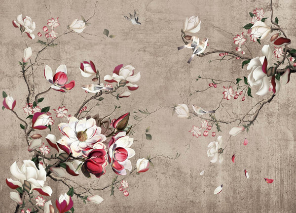 Red Floral Wallpaper, Non Woven, Vintage Magnolia Flowers Mural, Chinoiserie Wallpaper