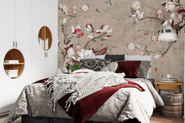 Red Floral Wallpaper, Non Woven, Vintage Magnolia Flowers Mural, Chinoiserie Wallpaper