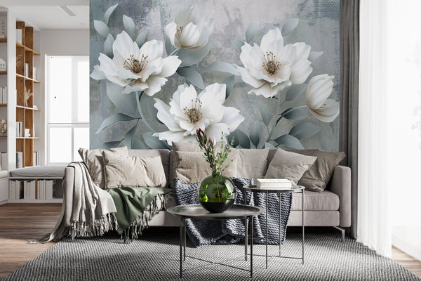 White Large Flowers Wallpaper Mural, Non Woven Floral Art Mural, Elegant Wallpaper