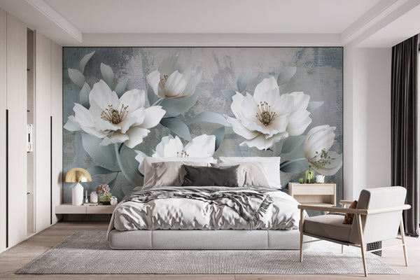 White Large Flowers Wallpaper Mural