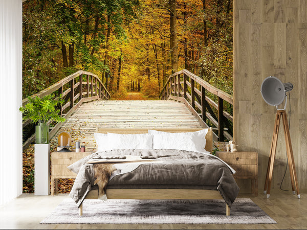 Wooden Bridge Autumn Park Wallpaper Mural