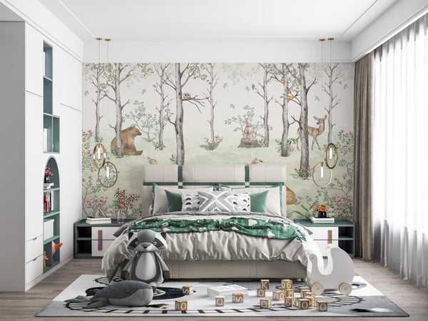 Childrens Wall Mural, Watercolor Kids Forest Wallpaper, Non Woven, Nursery Cute Animals Forest Wall Mural, Woodland Animals, Deer, Fox, Bear Kids Wall Decor
