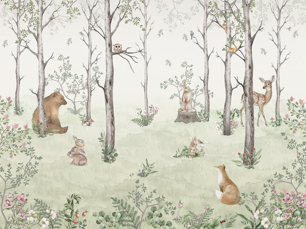 Childrens Wall Mural, Watercolor Kids Forest Wallpaper, Non Woven, Nursery Cute Animals Forest Wall Mural, Woodland Animals, Deer, Fox, Bear Kids Wall Decor