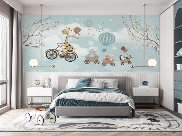 Childrens Wallpaper Murals for Bedroom | Animals Cycling Kids Wallpaper