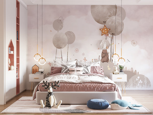 Nursery Wall Mural, Woodland Animals Pale Pink Wallpaper Mural, Non Woven, Nursery Wallpaper, Bear, Rabbits and Deer Animals, Forest Animals for Kids