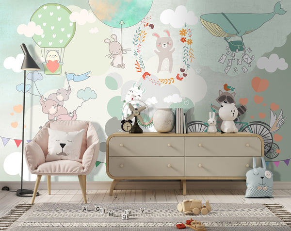 Childrens Wallpaper Murals for Bedroom, Watercolor Cute Animals Wallpaper for Kids, Non Woven, Clouds and Hot Air Balloons, Nursery Wallpaper Mural