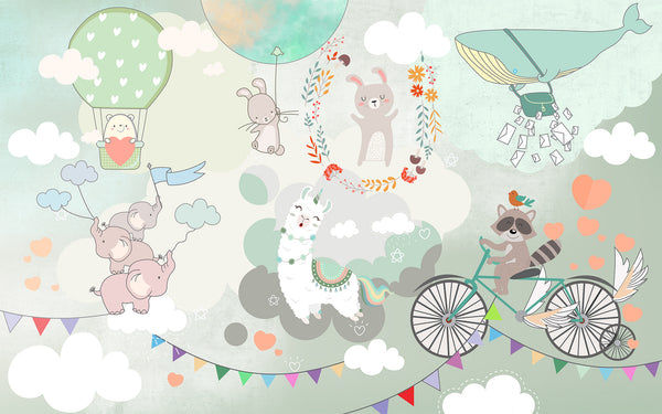 Childrens Wallpaper Murals for Bedroom, Watercolor Cute Animals Wallpaper for Kids, Non Woven, Clouds and Hot Air Balloons, Nursery Wallpaper Mural