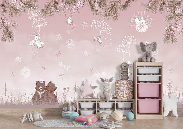 Nursery Wall Mural | Beer Animals and Bunnies Wallpaper for Kids