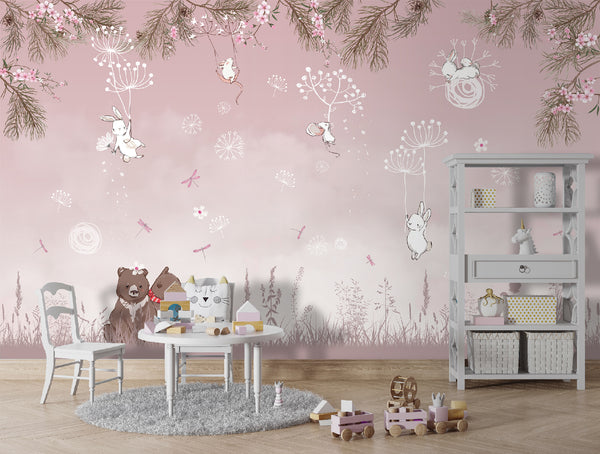 Nursery Wall Mural, Beer Animals and Bunnies Wallpaper for Kids, Non Woven, Pink Colors, Wallpaper Mural fo Girls, Nursery Mural