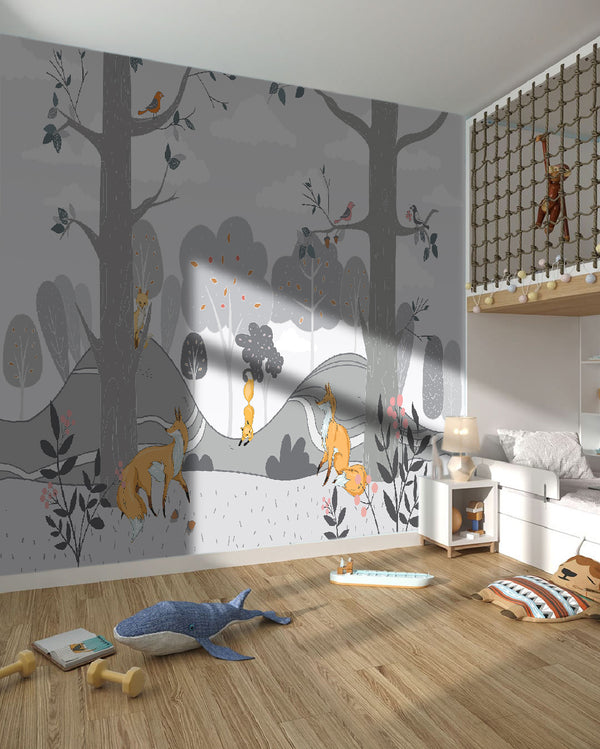 Childrens Wall Mural, Fox Animals Wallpaper Mural, Forest Black & White, Non Woven, Nursery Animals Wallpaper, Kids Room Decor