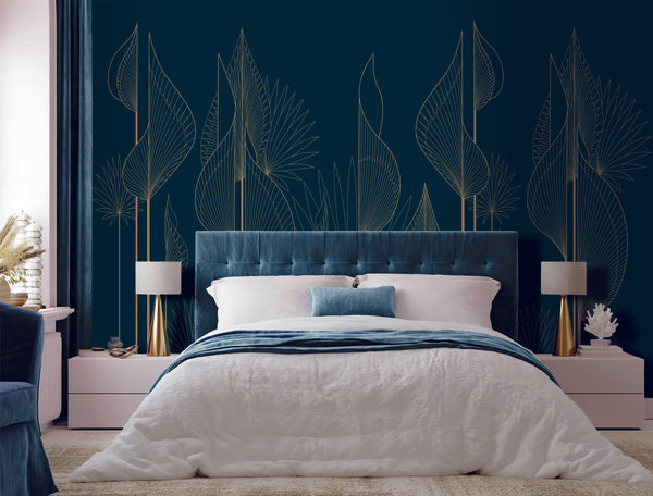 Abstract Wallpaper Mural | Gold Abstract Leaves Wallpaper