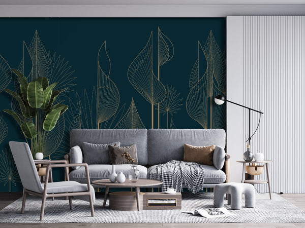 Abstract Wallpaper Mural, Non Woven, Gold Abstract Leaves Wallpaper, Dark Green Abstract Background Wall Mural