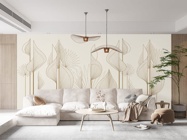 Abstract Wallpaper Mural, Non Woven, Gold Abstract Leaves Wallpaper, Beige Background Wall Mural
