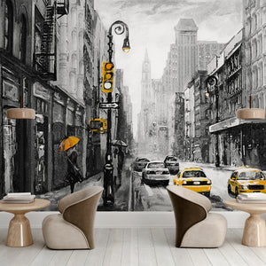Black & White Wallpaper | Yellow Taxi in the Black & White City Mural