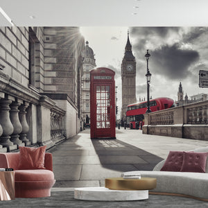 Red Telephone Booth in the London City Wallpaper | B&W Mall Mural