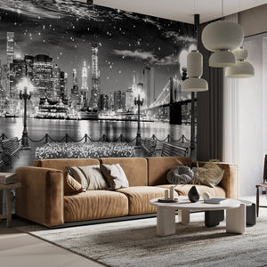 Black and white night city in lights Wall Mural 
