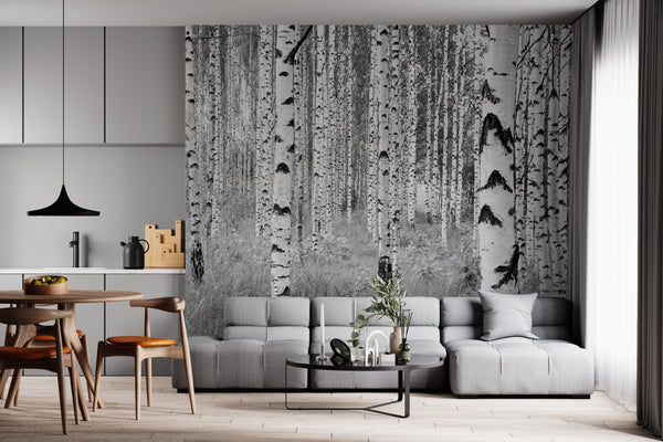 Black and White Forest Wallpaper Mural, Black & White Wallpaper, Non Woven, Birch Trunk Trees Wallpaper, Nature Landscape Wall Mural