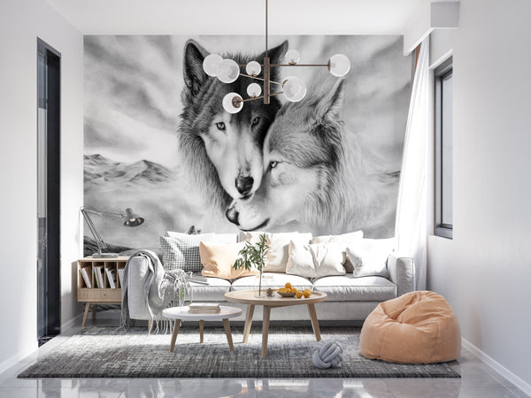 Black and White Wolfes, Black & White Wallpaper, Non Woven, Wolfes Animals Wall Mural