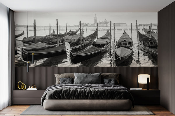 Venice Landscape Wall Mural, Black & White Wallpaper, Non Woven, Gondolas of Venice Wallpaper