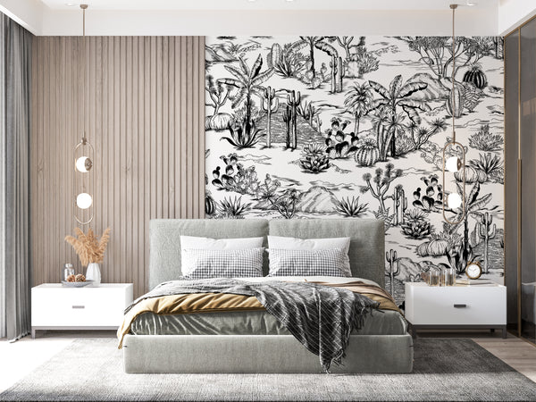 Black & White Tropical Leaves Wall Mural, Black & White Wallpaper, Non Woven, Cactus Plants Wallpaper