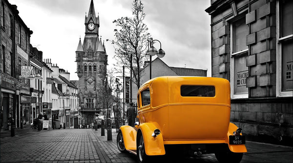 Yellow Car in The Black and White City Mural, Black & White Wallpaper, Non Woven