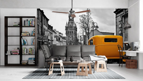 Yellow Car in The Black and White City Mural, Black & White Wallpaper, Non Woven