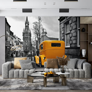Black & White Wallpaper | Yellow Car in The Black and White City Mural