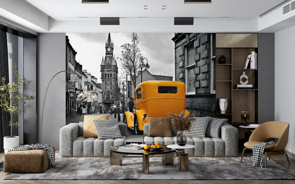 Black & White Wallpaper | Yellow Car in The Black and White City Mural