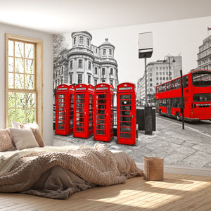Telephone Red Booth & Bus in the Black & White London City Wall Mural