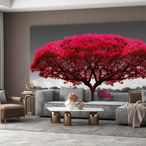 Black & White Nature Landscape with Red Tree Wallpaper Mural
