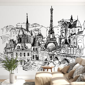 Black & White Vintage Paris Sketch Wall Mural 
