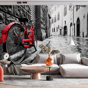 Black & White Wall Mural - Red Bike in The Old Street Wall Mural