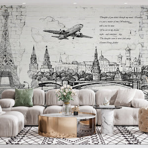 Plane and Paris City on White Brick Wallpaper | Black and White Mural