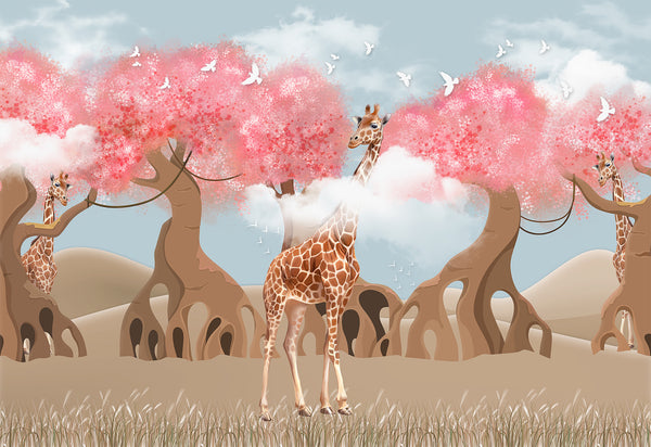 Wallpaper Mural, Giraffe and Pink Tropical Trees Wallpaper Mural