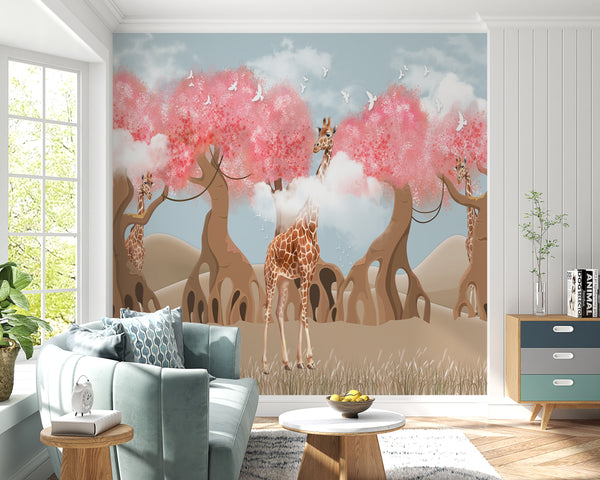 Wallpaper Mural, Giraffe and Pink Tropical Trees Wallpaper Mural