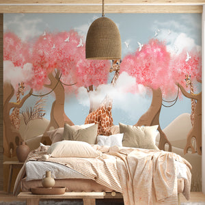  Giraffe and Pink Tropical Trees Wallpaper Mural