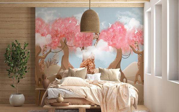  Giraffe and Pink Tropical Trees Wallpaper Mural