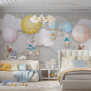 Nursery Room Mural | Hot Air Balloons and Animals Wallpaper Mural