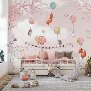 Nursery Wall Mural | Animals and Balloons Nursery Wallpaper