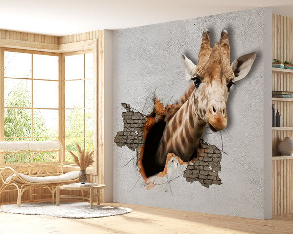 Wallpaper Mural, 3D Giraffe out of the Wall, Wall Mural