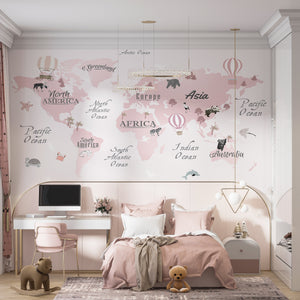 Childrens Wallpaper Murals for Bedroom | Pink World Map Wallpaper for Kids