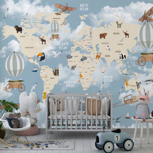 Nursery Wall Mural | Blue World Map Wallpaper for Kids
