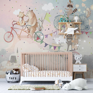 Nursery Room Mural | Woodland Animals Cycling Wallpaper for Kids