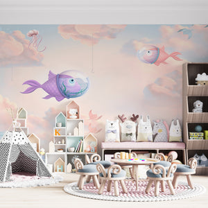 Childrens Wallpaper Murals for Bedroom | Colorful Fishes in Clouds Wallpaper for Kids