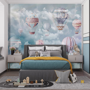 Nursery Wall Mural | Hot Air Balloons in Clouds Wallpaper For Kids